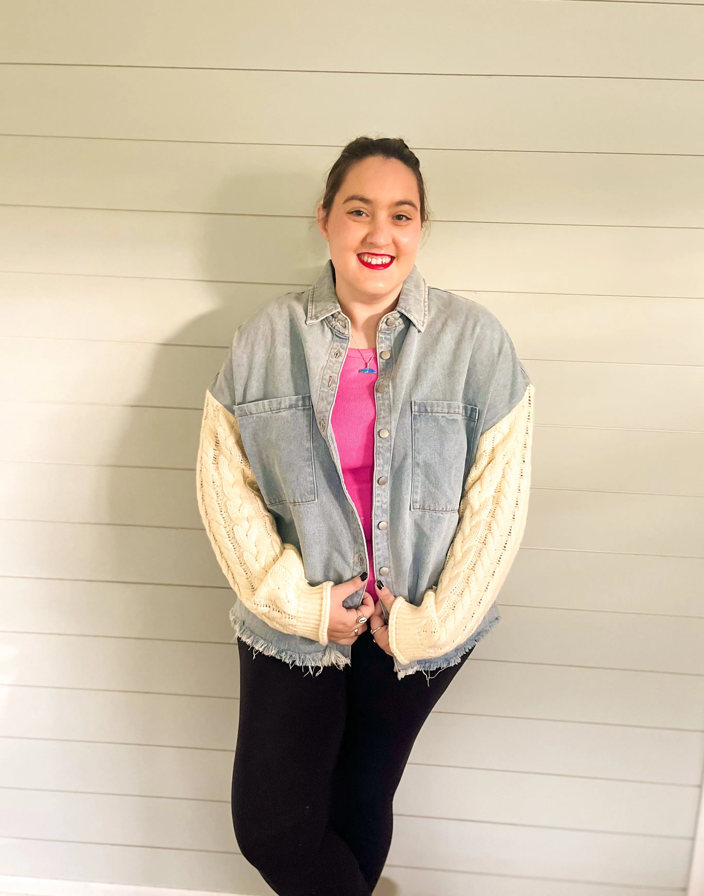 Gonna Go Far Denim Jacket with Cable-Knit Sleeves